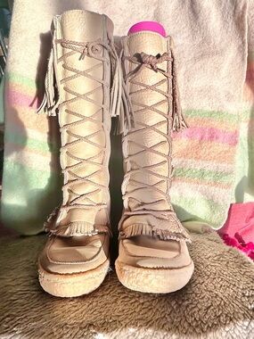Vintage 70s tall leather moccasin boots by the Mogensen Moccasin Company